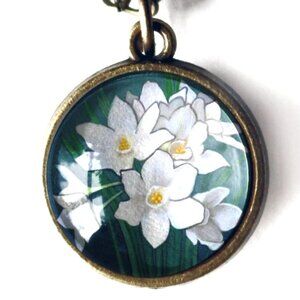 Paperwhite Narcissus Flower Pendant Necklace - Bronze &‎ Glass Cabochon Jewelry